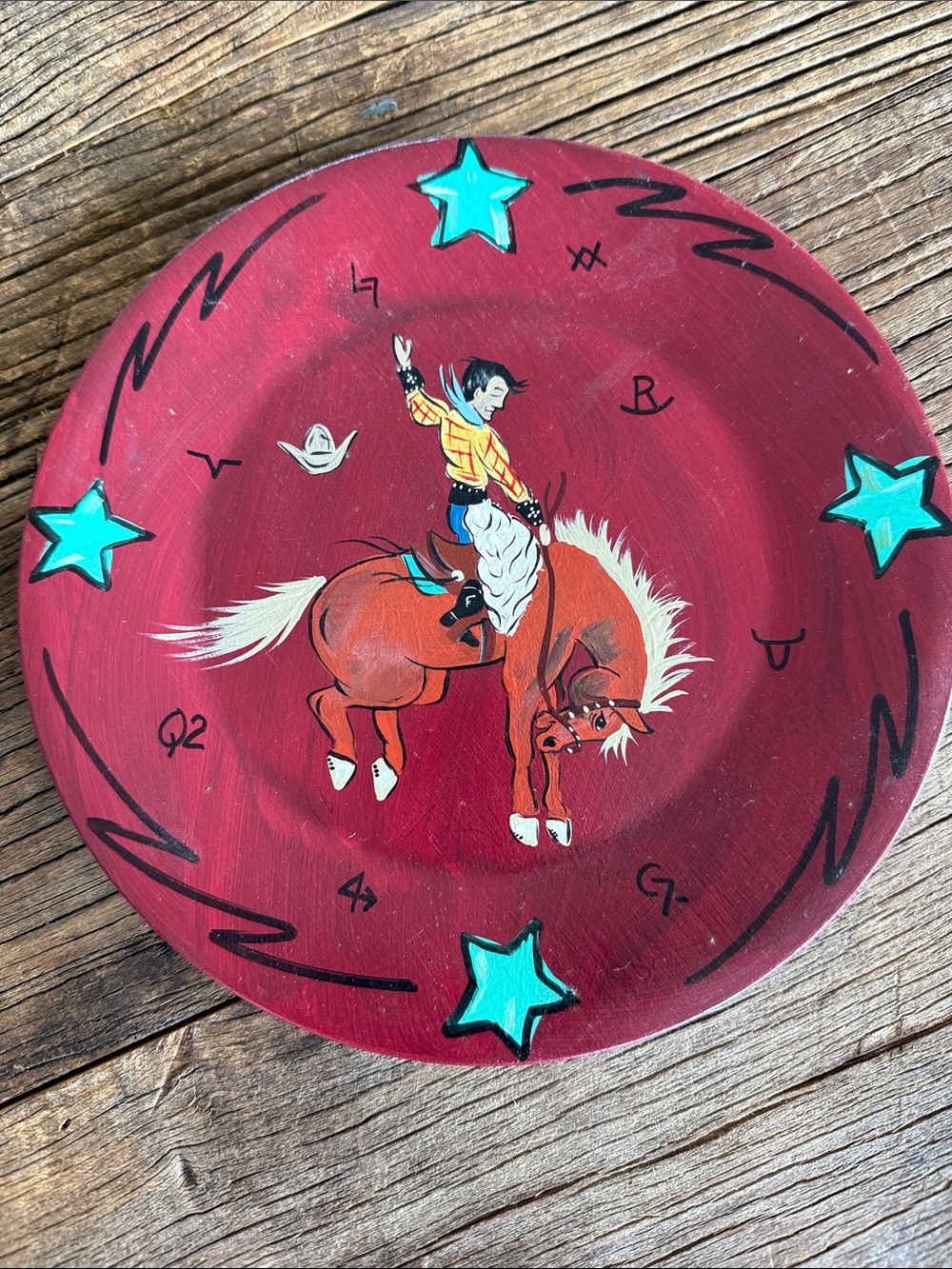 Cody Rodeo Hand -Painted Rodeo Bucking Bronco Decorative Plate Art- Wood